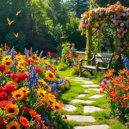 A picturesque summer scene set in a sunlit garden teeming with an abundance of colorful flowers, including radiant red roses, cheerful yellow sunflowers, delicate bluebells, and vibrant orange lilies