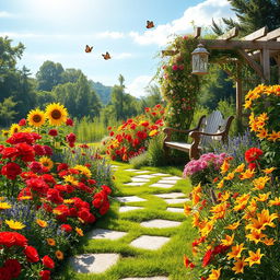 A picturesque summer scene set in a sunlit garden teeming with an abundance of colorful flowers, including radiant red roses, cheerful yellow sunflowers, delicate bluebells, and vibrant orange lilies