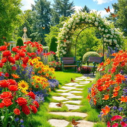 A picturesque summer scene set in a sunlit garden teeming with an abundance of colorful flowers, including radiant red roses, cheerful yellow sunflowers, delicate bluebells, and vibrant orange lilies