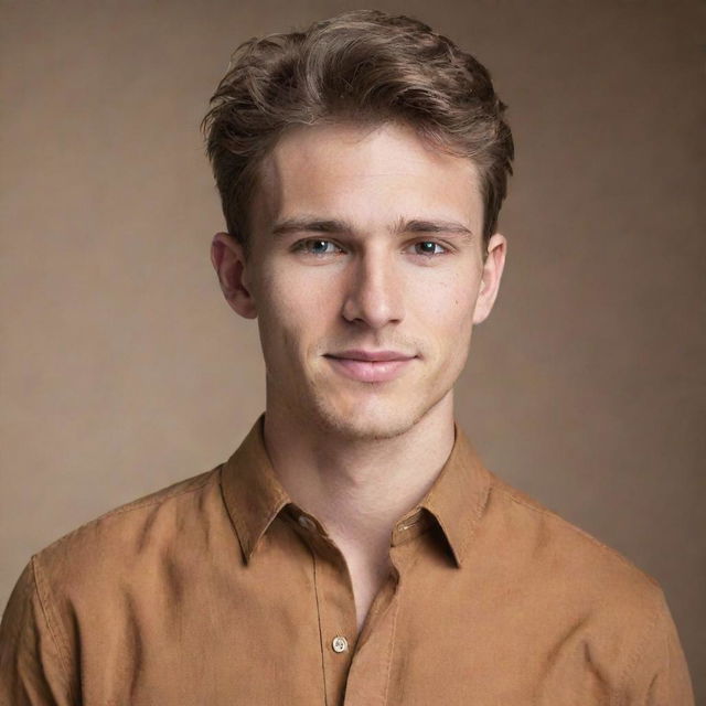 A stylish young Caucasian male wearing a caramel-brown shirt, radiating with the confidence of youth.