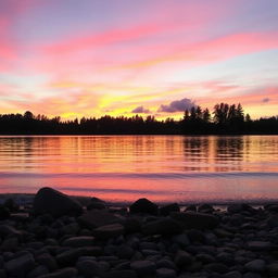 A mesmerizing sunset over a tranquil lake, with vibrant orange, pink, and purple hues reflecting on the water's surface