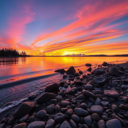 A mesmerizing sunset over a tranquil lake, with vibrant orange, pink, and purple hues reflecting on the water's surface