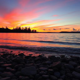 A mesmerizing sunset over a tranquil lake, with vibrant orange, pink, and purple hues reflecting on the water's surface