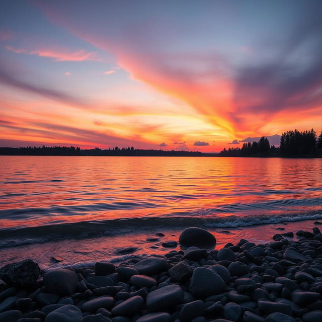 A mesmerizing sunset over a tranquil lake, with vibrant orange, pink, and purple hues reflecting on the water's surface