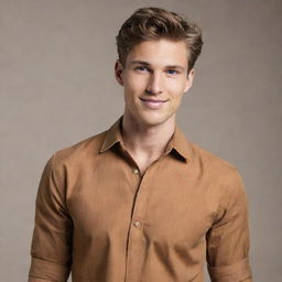 A stylish young Caucasian male wearing a caramel-brown shirt, radiating with the confidence of youth.