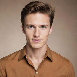 A stylish young Caucasian male wearing a caramel-brown shirt, radiating with the confidence of youth.