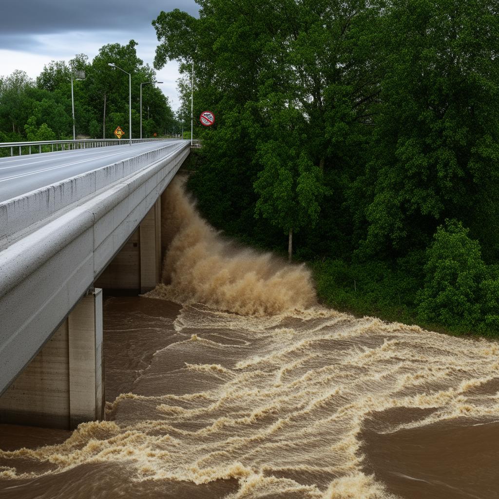 A flood overwhelming a one-lane, road-level bridge, showcasing the dramatic interaction between nature's force and human-made infrastructure.