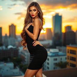 A perfectly styled attractive woman with long wavy hair, wearing a fitting black dress that hugs her curves