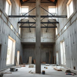 A residential construction site featuring a double-height ceiling interior space yet to be finished