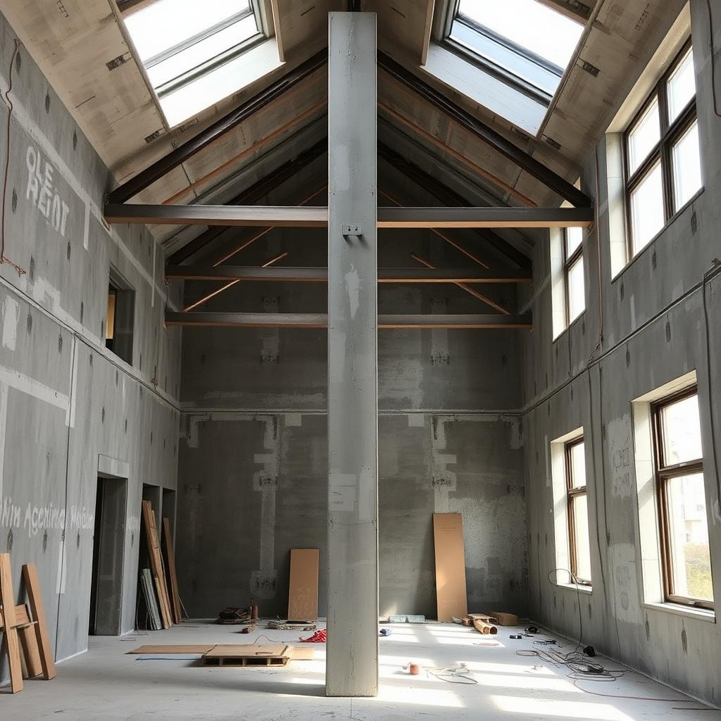 A residential construction site featuring a double-height ceiling interior space yet to be finished