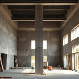 A residential construction site featuring a double-height ceiling interior space yet to be finished