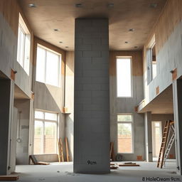 A realistic image of a residential construction site showcasing an interior space with a double-height ceiling that is still unfinished