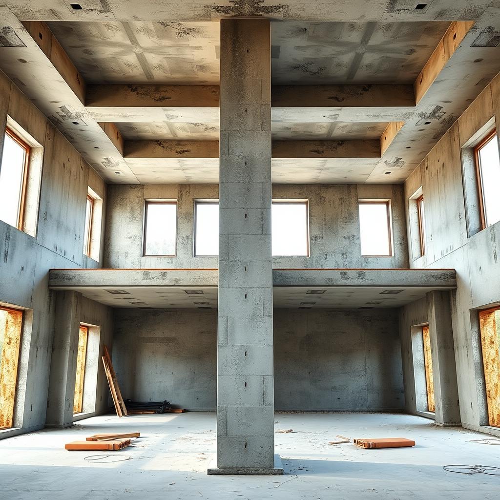 A realistic image of a residential construction site showcasing an interior space with a double-height ceiling that is still unfinished