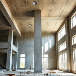 A realistic image of a residential construction site showcasing an interior space with a double-height ceiling that is still unfinished