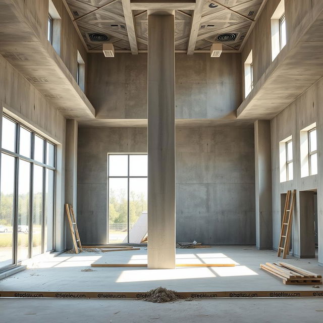 A realistic image of a residential construction site showcasing an interior space with a double-height ceiling that is still unfinished