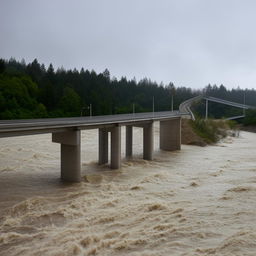 A flood overwhelming a one-lane, road-level bridge, showcasing the dramatic interaction between nature's force and human-made infrastructure.