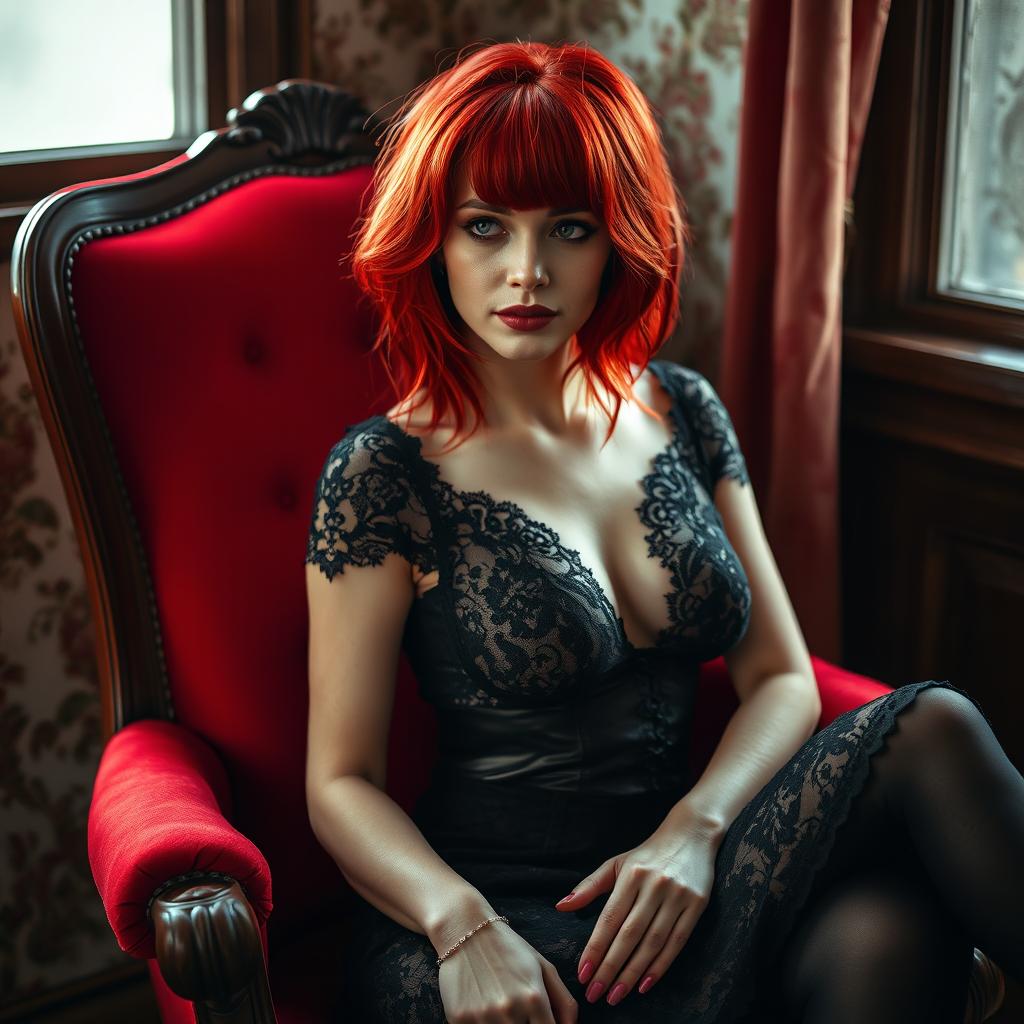 A woman with striking red hair sitting elegantly on a vintage red chair