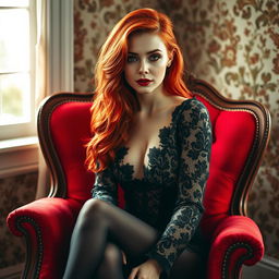 A woman with striking red hair sitting elegantly on a vintage red chair