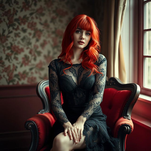 A woman with striking red hair sitting elegantly on a vintage red chair