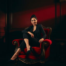 A confident woman seated on a luxurious red armchair, exuding poise and elegance