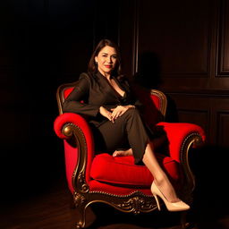 A confident woman seated on a luxurious red armchair, exuding poise and elegance