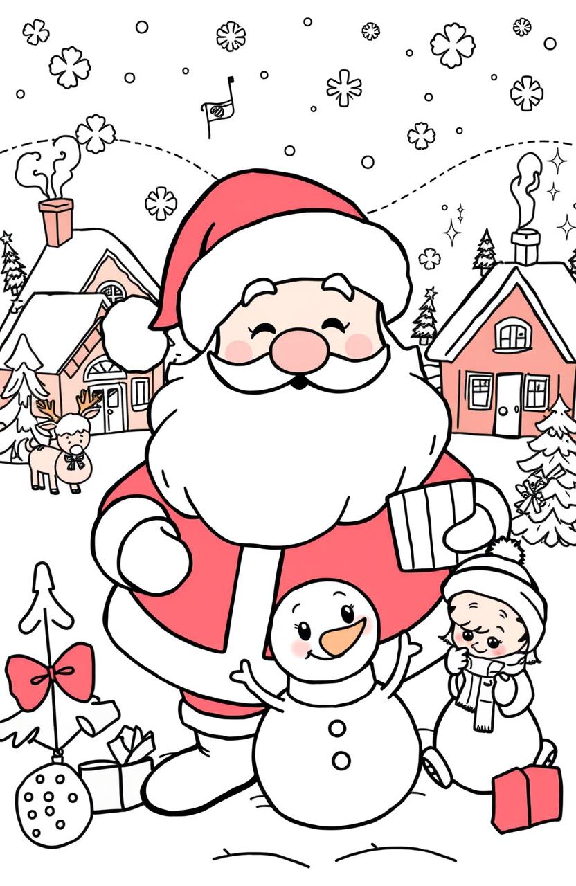 A whimsical and cheerful Christmas coloring book page designed for kids