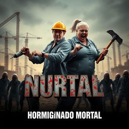 A horror-themed design featuring two architects in dynamic, action-ready poses at the center