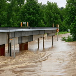 A flood overwhelming a one-lane, road-level bridge, showcasing the dramatic interaction between nature's force and human-made infrastructure.