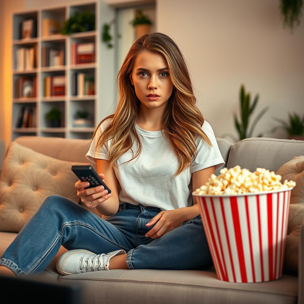 A young beautiful woman in casual clothing, featuring a stylish t-shirt and comfy jeans, sitting on a cozy couch in a modern home interior