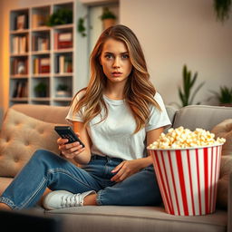 A young beautiful woman in casual clothing, featuring a stylish t-shirt and comfy jeans, sitting on a cozy couch in a modern home interior