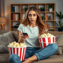 A young beautiful woman in casual clothing, featuring a stylish t-shirt and comfy jeans, sitting on a cozy couch in a modern home interior