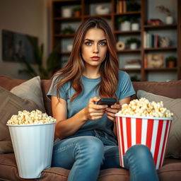 A young beautiful woman in casual clothing, featuring a stylish t-shirt and comfy jeans, sitting on a cozy couch in a modern home interior