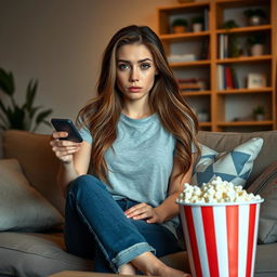 A young beautiful woman in casual clothing, featuring a stylish t-shirt and comfy jeans, sitting on a cozy couch in a modern home interior