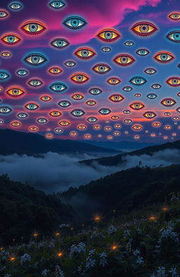 A surreal and mystical landscape where a horizon is filled with a thousand ethereal eyes floating in the sky, gazing down at a serene valley below