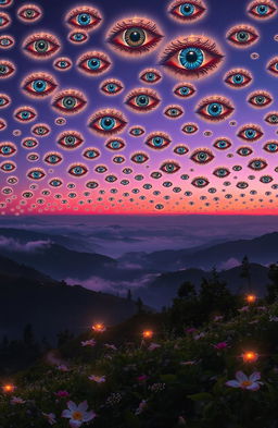 A surreal and mystical landscape where a horizon is filled with a thousand ethereal eyes floating in the sky, gazing down at a serene valley below