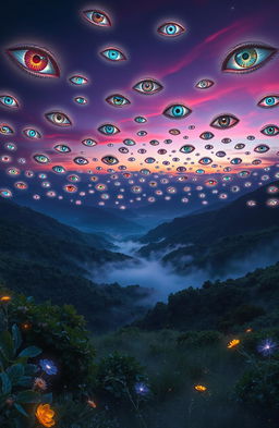 A surreal and mystical landscape where a horizon is filled with a thousand ethereal eyes floating in the sky, gazing down at a serene valley below