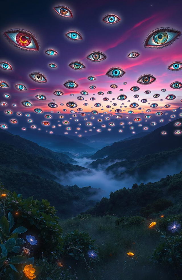 A surreal and mystical landscape where a horizon is filled with a thousand ethereal eyes floating in the sky, gazing down at a serene valley below