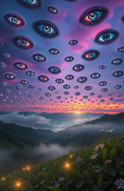 A surreal and mystical landscape where a horizon is filled with a thousand ethereal eyes floating in the sky, gazing down at a serene valley below