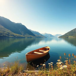 A serene landscape featuring a tranquil lake reflecting the clear blue sky, surrounded by lush green mountains