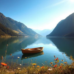 A serene landscape featuring a tranquil lake reflecting the clear blue sky, surrounded by lush green mountains