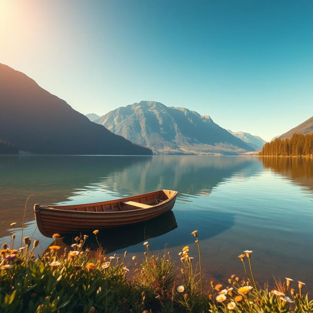 A serene landscape featuring a tranquil lake reflecting the clear blue sky, surrounded by lush green mountains