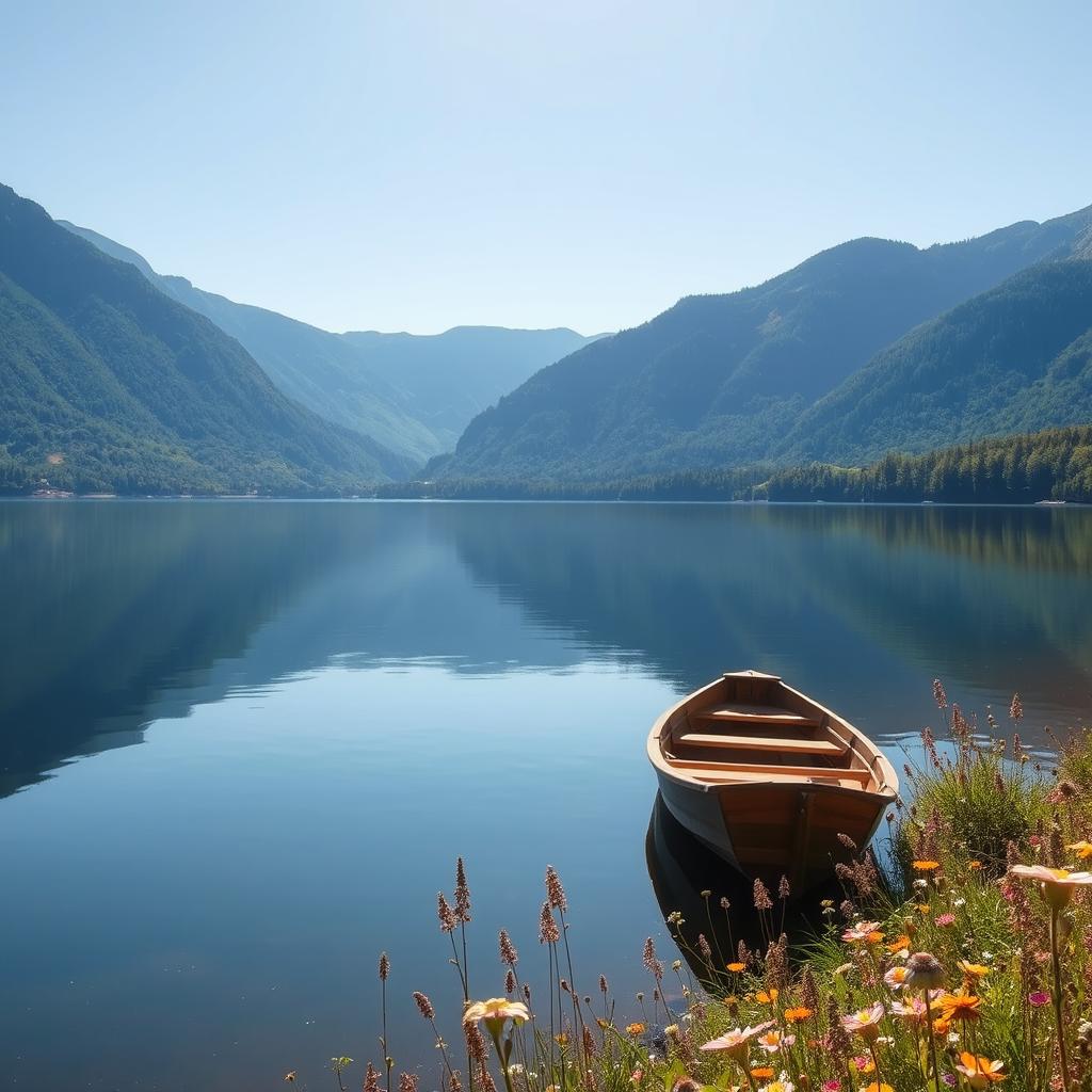 A serene landscape featuring a tranquil lake reflecting the clear blue sky, surrounded by lush green mountains