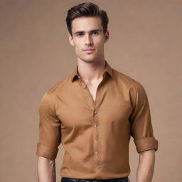 Alter the image of the handsome young man to render him with a lean and athletic physique, maintaining his sharp jawline and stylish caramel-brown shirt.