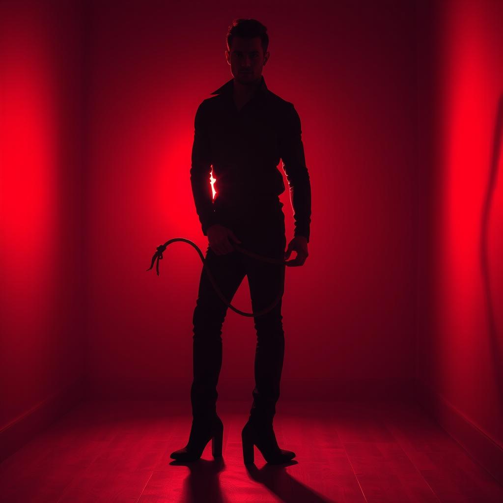 A dark and mysterious silhouette of a man standing in a dimly lit red environment