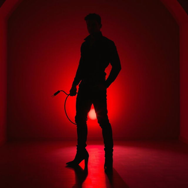 A dark and mysterious silhouette of a man standing in a dimly lit red environment