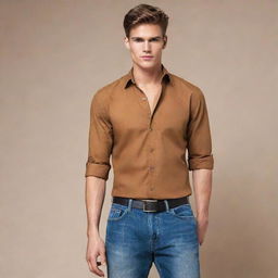 Transform the lean, handsome figure to exude the vibrant energy of late teens, while maintaining his sharp chiselled jawline and stylish caramel-brown shirt.