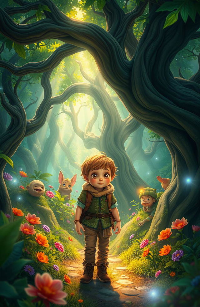 A young adventurer lost in a vibrant fantasy forest, characterized by enormous, twisting trees with glowing leaves, colorful flowers, and magical creatures peering from behind the flora