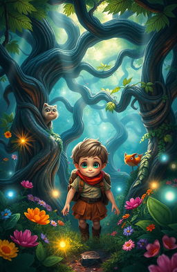 A young adventurer lost in a vibrant fantasy forest, characterized by enormous, twisting trees with glowing leaves, colorful flowers, and magical creatures peering from behind the flora