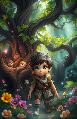 A young adventurer lost in a vibrant fantasy forest, characterized by enormous, twisting trees with glowing leaves, colorful flowers, and magical creatures peering from behind the flora