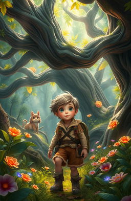 A young adventurer lost in a vibrant fantasy forest, characterized by enormous, twisting trees with glowing leaves, colorful flowers, and magical creatures peering from behind the flora